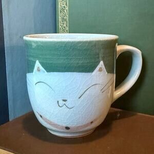 Vintage Japan Cat Mug • Crackle Glaze • 3.5” • Green & White